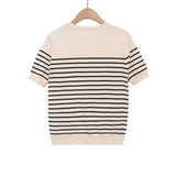 Fashion Striped Knit Sweater Black Striped Knit T Shirt Casual Short Sleeve Crew Neck Slim Fit Top For Women Summer Daily 0HAD