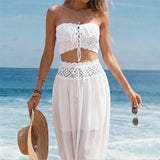 S - XL Bandeau Crochet Knitted 2 Pieces Suits Tunic Beach Cover Up Cover-ups Beach Dress Beach Wear Beachwear Female Women V8218
