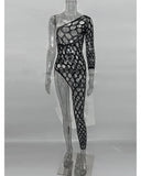 Toucheart Sexy Lingerie Women's Jumpsuit Shiny Diamond Fishing Net One-sleeved Leg Jumpsuit Sexy Hollow Out See-through Jumpsuit
