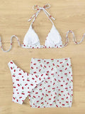 With Mesh Sarong Skirt Cherry Printed Bikini Female Swimsuit Women Swimwear Three Pieces Bikini Set Bathing Suit Swim Beachwear