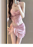 New Korean Style Bikini Set Women Pink Gradient Ruffles Push Up Mesh Skirt 3 Piece Swimsuit Summer Bathing Suit Holiday Swimwear