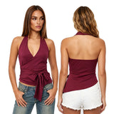 2026 Summer Women's Halter Tank Tops Deep V Neck Side Tie Wrap Vest Daily Casual Going Out Sleeveless Shirts