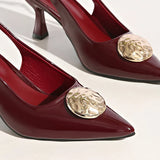 Wine Red Pointed Toe Stiletto Mules for Women Fashion Metal Decor High Heeled Sandals Woman Plus Size 42 Slip On Slingbacks