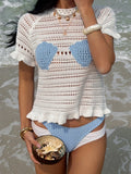 FDYOUI Casual O-neck Short Sleeve Knitted T-shirts Women Summer Sexy Hollow Out Ruched White Tops Female Beach Holiday Tee Shirt