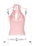FDYOUO Sexy Halter Lace Patchwork Camisoles Women Fashion Backless Hollow Out Corset Pink White Bandage Tanks Top Y2K Streetwear