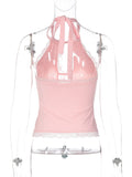 FDYOUO Sexy Halter Lace Patchwork Camisoles Women Fashion Backless Hollow Out Corset Pink White Bandage Tanks Top Y2K Streetwear