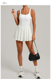 New Large Backless Tennis Dresses Women Solid Color Sleeveless Glare Pleated Yoga Skirt with Pocket Shorts Running Fitness Dress