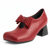 Plus Size 52 Soft Faux Leather Mary Jane Heels Pumps Big Bow Square Toe 5cm Chunky Block Heel Vintage Office Dress Shoes Women