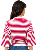 Women Summer Fashion Casual Elbow Sleeve T-Shirts Stripe Cinched Waist Crew Neck Tops Streetwear