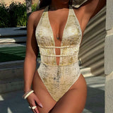 DEKA Women's Gold Colors Deep V Neck One Piece Swimsuit Tummy Control Hellow Out Swimwear Wrap Bathing Suit For Beach Vacation
