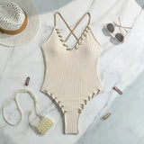 V Neck Wrinkled Ribbed Cross Backless One Piece Swimsuit Women Swimwear Female High Leg Cut Monokini Bather Bathing Suit Swim