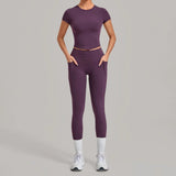 Women Tracksuit Yoga Sets Short Sleeve Slim Sports T Shirts Workout Clothes Outdoor Tight High Waist Pocket Pants Fitness Suits