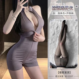 Sexy Schoolgirl Two-way Zipper Open Chest Crotch Bodysuits Deep V Suspenders Sleeveless Bodysuits Charming Thin Casual Hot 15T6