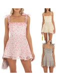 Women Fashion Double Layer Backless Cami Dress Summer Casual Floral Print Tie-Up Shoulder Strap Mini Dress Grey/Pink/Yellow