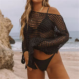 Long Sleeve Hollow Out Top Crochet Knitted Tunic Beach Cover Up Cover-ups Beach Dress Beach Wear Beachwear Female Women V4250