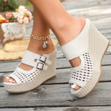 Hollow Out Chunky Wedges Sandals Women Fashion Buckle Peep Toe Super High Heels Sandals Woman Plus Size 43 Platform Slippers