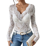 Women V Neck Floral Lace Long Sleeve T Shirt See Through Slim Fit Tees Y2k Gothic Club Party Streetwear Ladies Sheer Basic Tops
