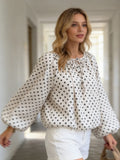 Women Puff Long Sleeve Crew Neck Spring Fall Tops Fashion Dot Print Casual Loose Fit Flowy Blouse