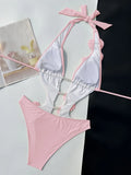 3D Flowers Pearl Deep V Neck Halter Backless Female Swimwear One Piece Swimsuit Women Monokini High Cut Bather Bathing Suit Swim