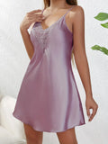 Solid Color Satin Spaghetti Strap Nightdress Women Sexy Lace Patchwork V-neck Mini Dress Pajamas Hot Girl Nightgown Home Outfits