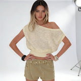 Women Long Sleeve Ribbed Hem and Cuffs Party Autumn Fashion T-shirt Tops Sequined Off Shoulder Knit Top