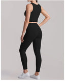 Fake Two Piece Tank Top Yoga Sets Women Lace V Neck Sports Vest Fitness Suit Hip Lifting High Waist Leggings Workout Clothes