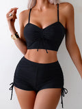 Wrinkled Knotted Shorts High Waist Bikini Female Swimsuit Women Swimwear Two-pieces Bikini Set Tankini Bathing Suit Swim Beach