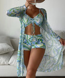 New Women's 3 Pieces Swimsuit Allover Print Tankini+Long Gauze Coat Cover-Up Swimwear High Waist Shorts Bathing Suit Beachwear