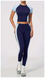 Nake Yoga Set Women's Tracksuit Color Contrast Short Sleeve Slim Sports T Shirts High Waist Leggings Fitness Clothes Gym Outfits