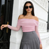 Women Spring Summer Off Shoulder Cropped Tops Slim Long Sleeve Ruched Sheer Going Out T-shirts