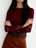Women's Spring Summer Round Neck Tops Solid Color Long Sleeve Slim Fit Party Lace Patchwork T-shirts