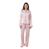 Women Satin Fall 2 Piece Pajama Set Fuzzy Trim Long Sleeve Button-up Tops and Elastic Waist Pants Casual Sleepwear Outfit