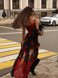 Ahagaga 2025 Summer Fashion Women's Straps Dresses Print Asymmetrical Chiffon Floral Streetwear Skinny Trailing Yk2 Vestidos