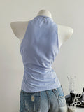 Summer Casual Shirt Women's Blue Striped Halter Top V Neck Button Down Sleeveless Slim Fit Blouse 2026 Y2K Style Streetwear