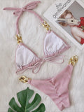 Halter Ribbed Metal Chains Diamond Bikini Women Swimsuit Female Swimwear Two-pieces Bikini Set Bather Bathing Suit Swim Lady