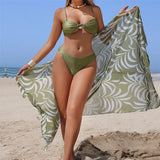 Printed Wrinkled With Sarong Bikini Female Swimsuit Women Swimwear Three-pieces Bikini set Padded Bather Bathing Suit Swim K7259