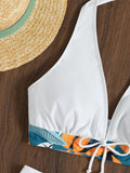 2026 Summer Women's Print Patchwork Swimsuit Sexy Deep V Neck Back Lace-up Swimwear High Waist Shorts Tankini Bathing Suit Beach