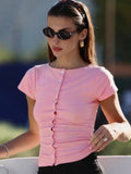 FDYOUI Pink T-shirts 2026 Summer Woman Clothes O-neck Single Breasted Cardigan Tops Female Short Sleeve Slim T Shirt Streetwear