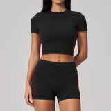 Color Contrast Yoga Suit Women Short Sleeve O Neck Sports T Shirts Tracksuit Outwear High Waist Shorts Gym Running Fitness Suits