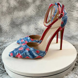New Denim Fashion Denim color blocking  Sandals High Gladiator Heels Ladies Office Shoes  Plus Big Size45-46 12cm slim heel