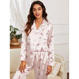 Spring and autumn long-sleeved trousers cardigan home wear set imitation silk women's pajamas can be worn outside