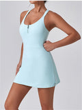 Front Zipper Tennis Dresses Women Summer Sleeveless Sports Athletic Dress Outdoor Cross Backless Pocket Short Workout Skirts