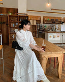 2026 French Retro Heavy Shirt Skirt Hollow Lace Balloon Sleeve Shirt + High Waist Belted Skirt Fashion Suit for Women
