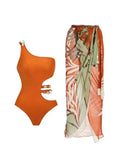 New One Piece Swimsuit Women Solid Orange One Shoulder Hollow Out Skirt Swimwear Set 2024 Summer Holiday Bathing Suit Beach Wear