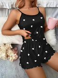 Women's Two-Piece Pajama Sets Summer Sleepwear Suspender Heart Printed Top and Shorts Casual Home Clothes Loungewear