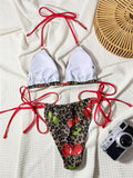 Sexy Leopard Cherry Bikini Red String Extrem Backless Swimsuit Tanga Halter Swimwear Women Bathing Suit Beach Outfit Bikinis Set