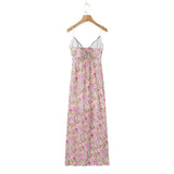 Lace Decoration Pink Floral Maxi Long Sundress Women's Dress 2025 Spaghetti Strap V Neck Smocked Boho Straight Boho Dress