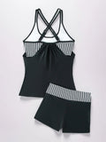 Women's Conservative 2 Piece Swimsuit Black Stripe Print Patchwork Tankini Bikini Set Suspender Cross Backless Bathing Suit 2025