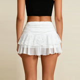 2026 Summer Women Mini Skirt Lace Floral Tiered Ruffle Low Waist Side Drawstring Going Out Cake Skirts