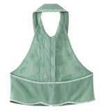 Women's Fashionable Lapel Embroidered Backless Shorts Set J25E